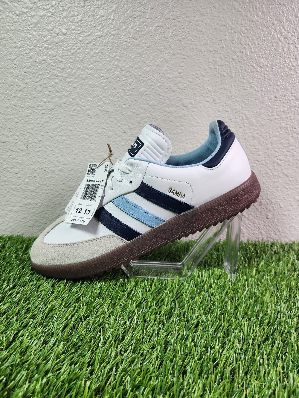 Adidas Samba Spikeless Golf (Size 12) "White/Indigo/Sky Blue" Men's Golf Shoes